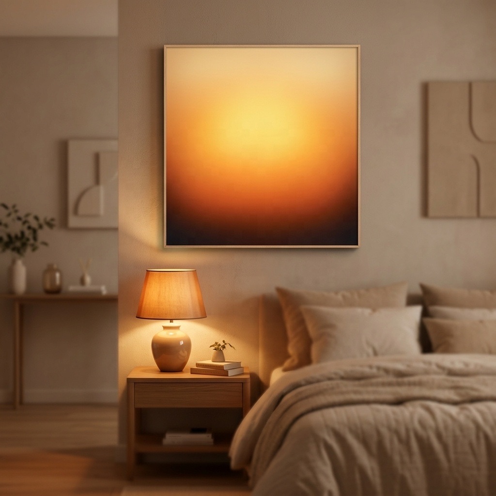 Nachglut Horizont über einem Nachttisch im Schlafzimmer, warmer Verlauf von Gelb zu Dunkelbraun