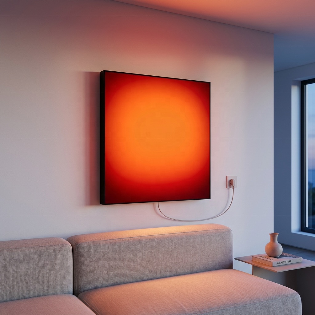 Nachglut Horizont an einer hellen Wand über einem Sofa, rot-orange leuchtend