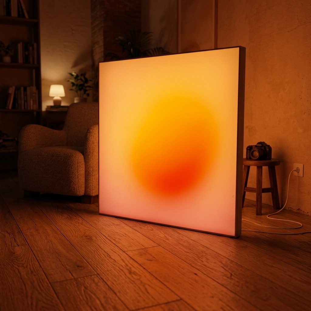 Nachglut Orb, schräg auf dem Holzboden neben einem Sessel angelehnt