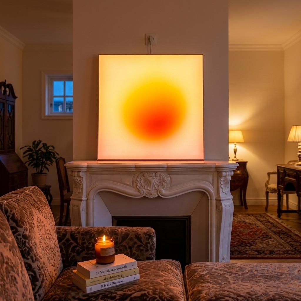 Nachglut Orb über einem Kamin in einem Wohnzimmer, warm leuchtend im Abendlicht